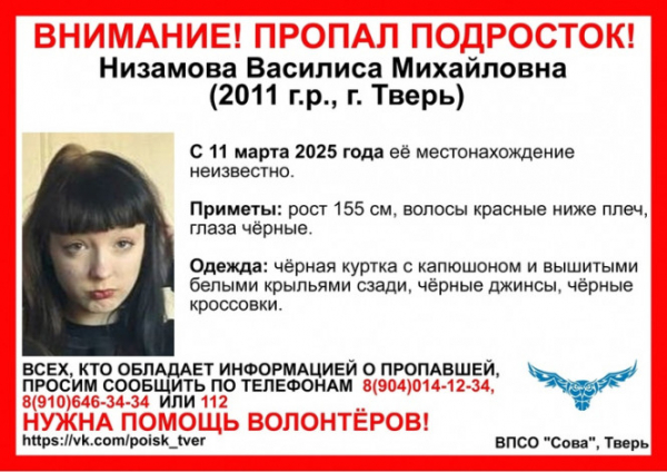 В Твери пропала 14-летняя Василиса Низамова: СК начал проверку В Твери пропала 14-летняя Василиса Низамова: СК начал проверку